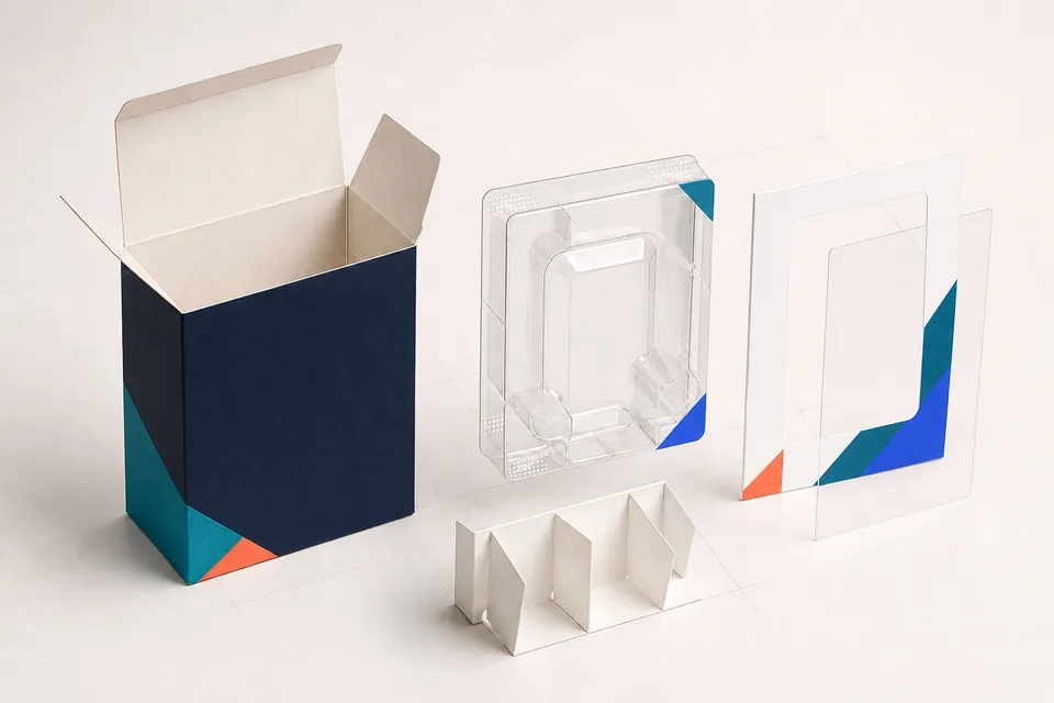 Paper cartons combined with clear windows, inserts, and transparent presentation components