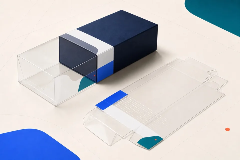 Clear plastic sleeves fitted around paper cartons and retail products