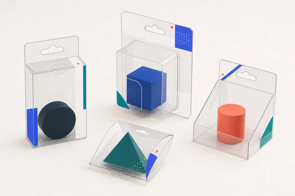 Clear plastic hang and display cards with retail hanging features