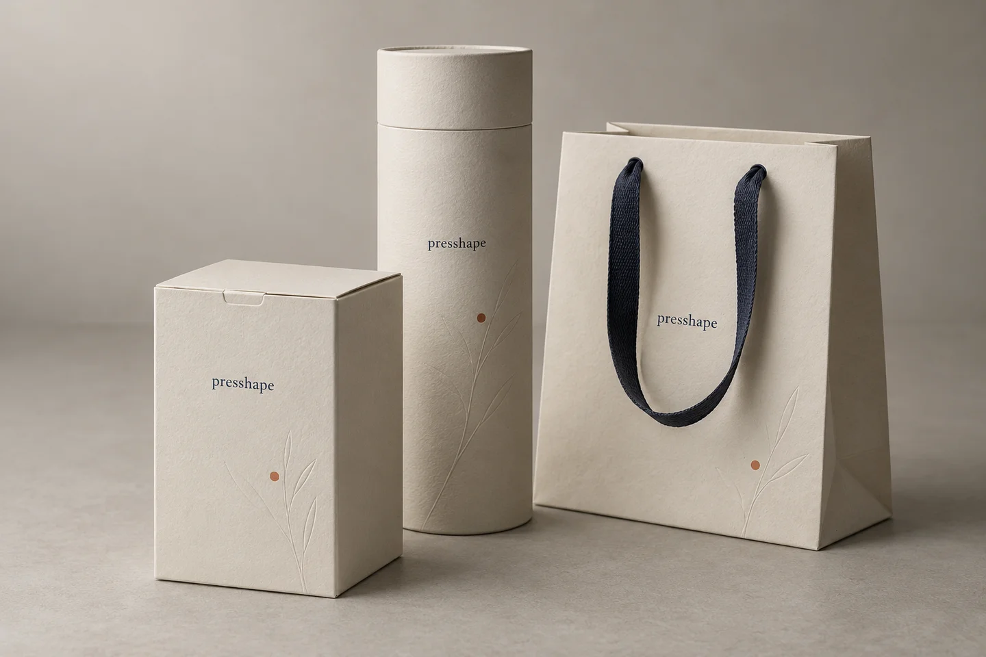 AI-generated packaging concept: an ivory printed carton, paper tube and shopping bag with tactile paper surfaces in natural studio light